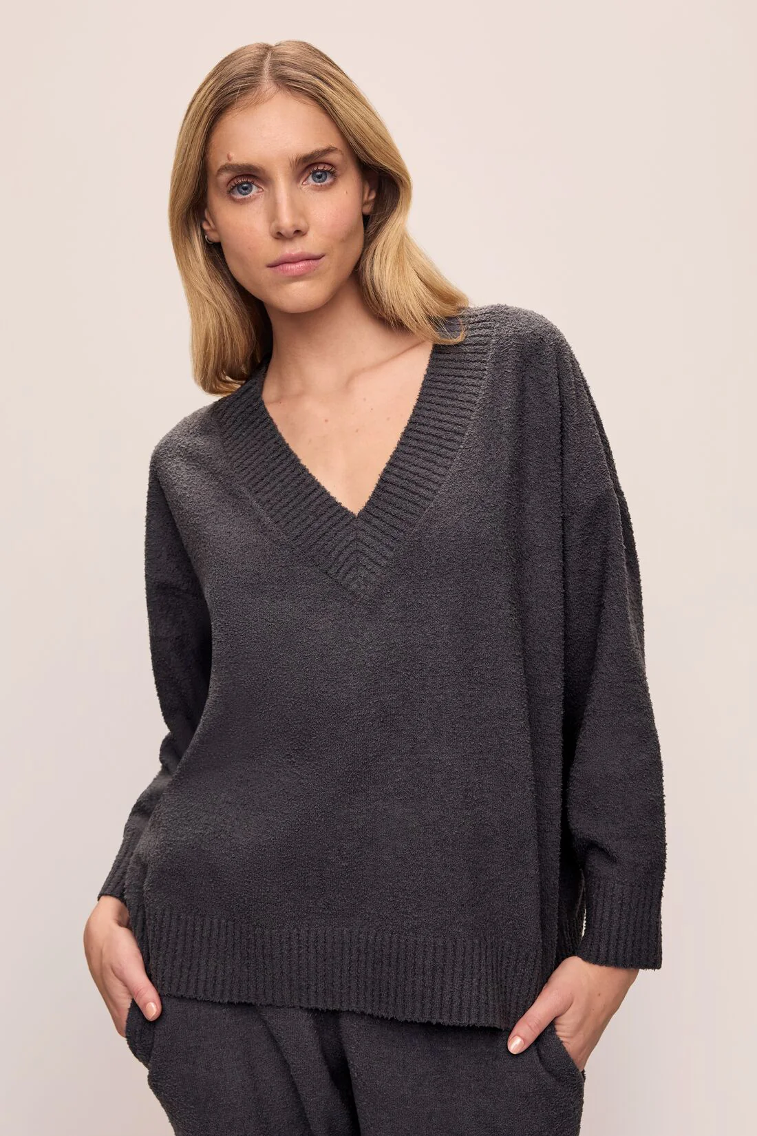 Recycled Boucle Boyfriend Oversized V-Neck Sweater - Image 2