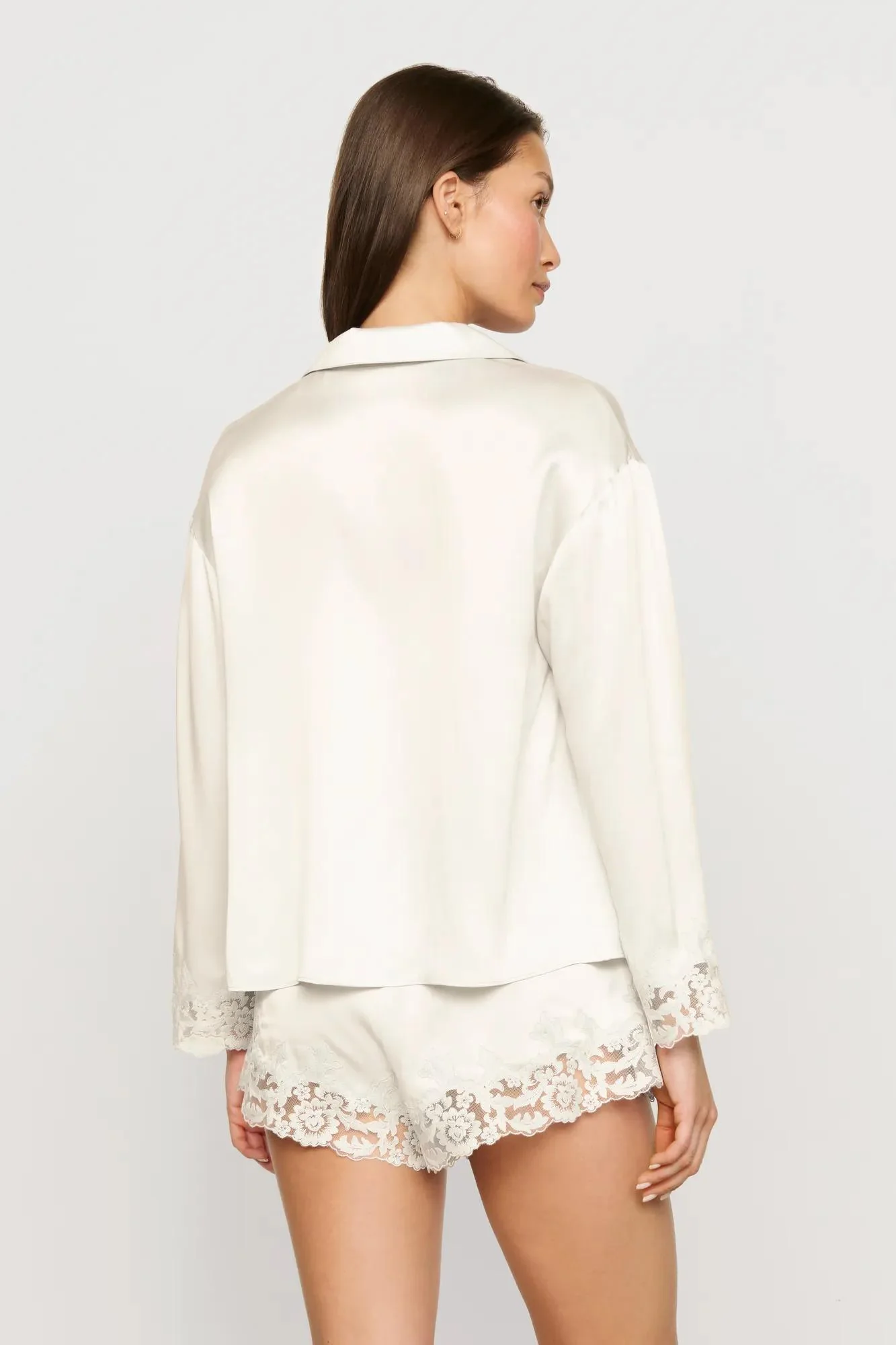 Washable Silk with Lace Embroidery Long Sleeve Top & Short PJ Set - Image 3