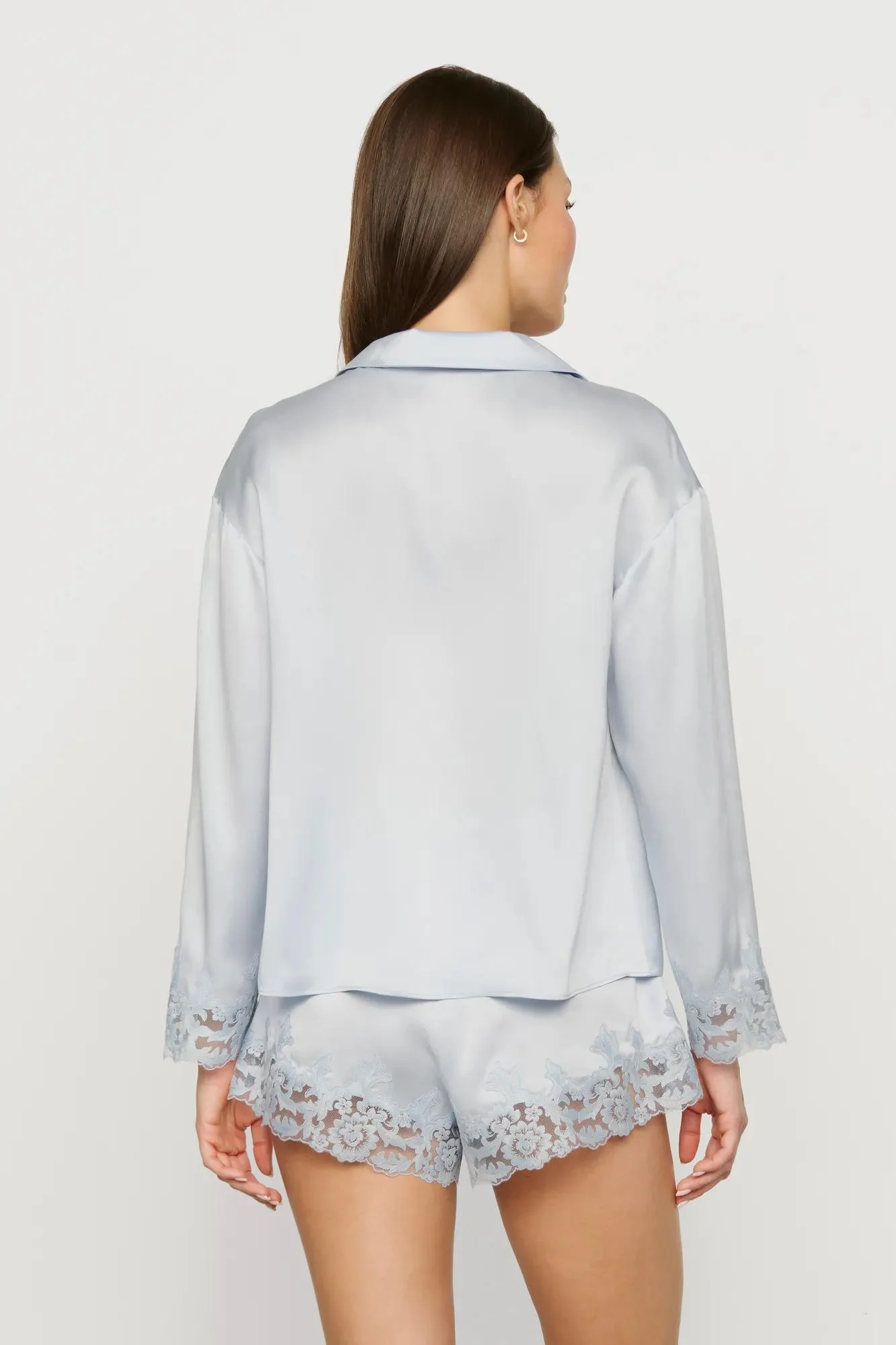 Washable Silk with Lace Embroidery Long Sleeve Top & Short PJ Set - Image 3
